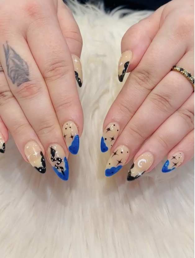 Dip powder nail design with celestial moon and star detail by Hello Beauty Nails, Northallerton