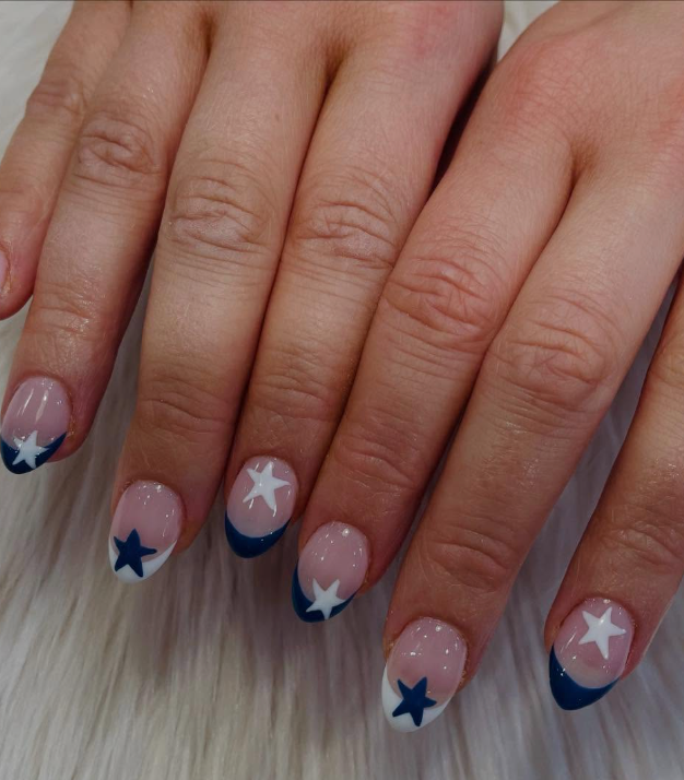 Navy and white star nail art by Hello Beauty Nails, Northallerton